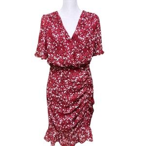 BCBGeneration Red Floral Ruched Pullover Dress Size 6 Ruffle Hem Summer Party